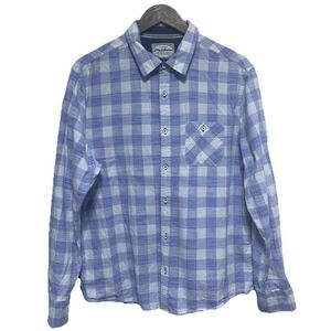 Flag Anthem Shirt Mens L Blue Plaid Cotton Button Front Long Sleeve Casual